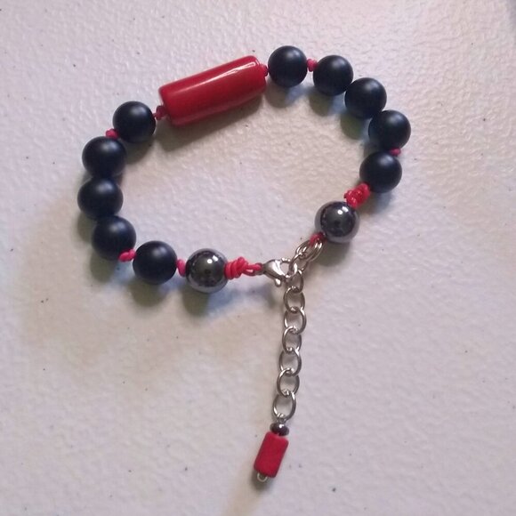 Red & Black Power Bracelet! Professional Wardrobe! Coral Hematite + Stone Beads - Picture 2 of 13